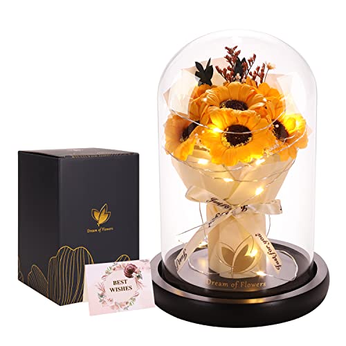 Dream of Flowers Rose Gift for Mom Sunflower Gift for MomPreserved Artificial Rose Flower Gifts for Women Friends Sunflower Gifts for WifeLight Up Rose in Glass DomeThankgiving Birthday Valentine Anniversary - Image 1