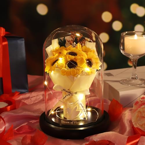 Dream of Flowers Rose Gift for Mom Sunflower Gift for MomPreserved Artificial Rose Flower Gifts for Women Friends Sunflower Gifts for WifeLight Up Rose in Glass DomeThankgiving Birthday Valentine Anniversary - Image 3