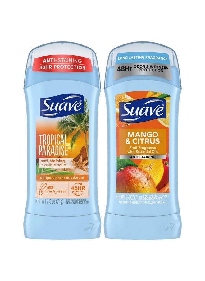 سواف مزيل العرق ومضاد التعرق للنساء، مجموعة متنوعة - Tropical Paradise + Mango & Citrus، صلب غير مرئي، حماية تدوم 48 ساعة، مضاد للبقع، 2.6 أونصة (مجموعة من قطعتين)  - Image 1