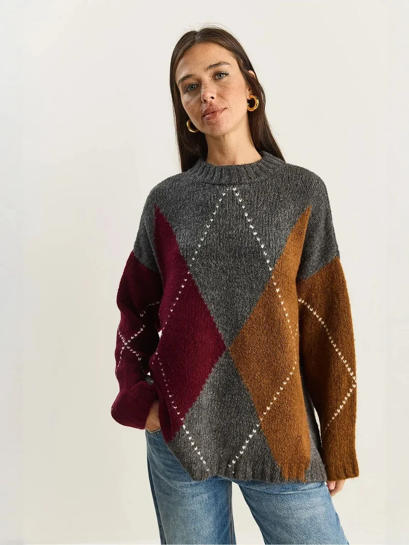 بيانكو لوتشي LUCCI Oversized Knitted Diamond Pattern Sweater