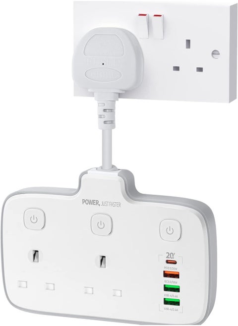Plug Extension with 4 USB Ports, 2 Way Multi Power Socket, 6 in 1 10A 2500W Wall Adaptor with Individual Switches, 20W PD Fast Charger, Ideal for Home, Office, Kitchen