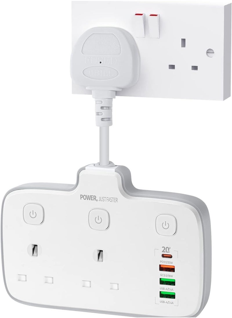 SYOSI Plug Extension with 4 USB Ports, 2 Way Multi Power Socket, 6 in 1 10A 2500W Wall Adaptor with Individual Switches, 20W PD Fast Charger, Ideal for Home, Office, Kitchen  - Image 1