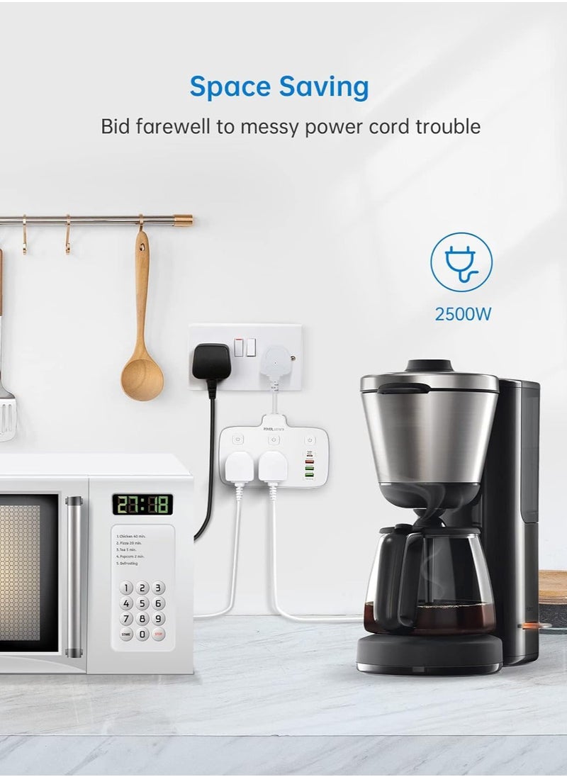Plug Extension with 4 USB Ports, 2 Way Multi Power Socket, 6 in 1 10A 2500W Wall Adaptor with Individual Switches, 20W PD Fast Charger, Ideal for Home, Office, Kitchen