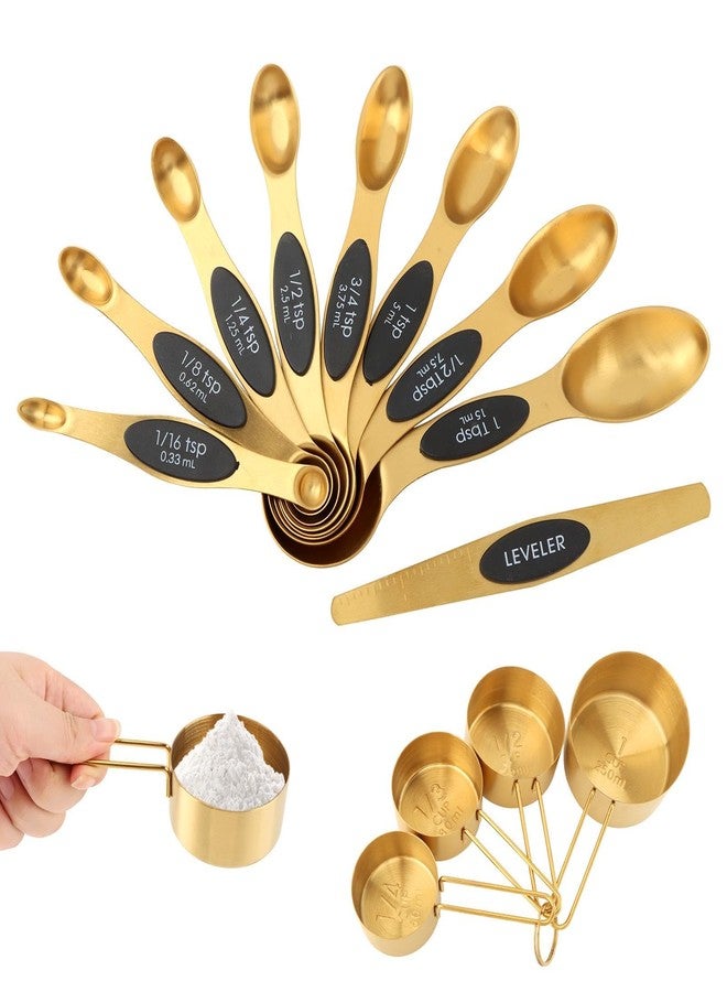 WeiLingBo 13Pcs Magnetic Measuring Spoons Set,Stainless Steel Measurin g Cups,8 Dual Sided Magnetic Measuring Spoons with Leveler,4 Nesting Measurings Cups for Liquid and Dry Ingredients(Golden,Size:Multi size) - Image 1