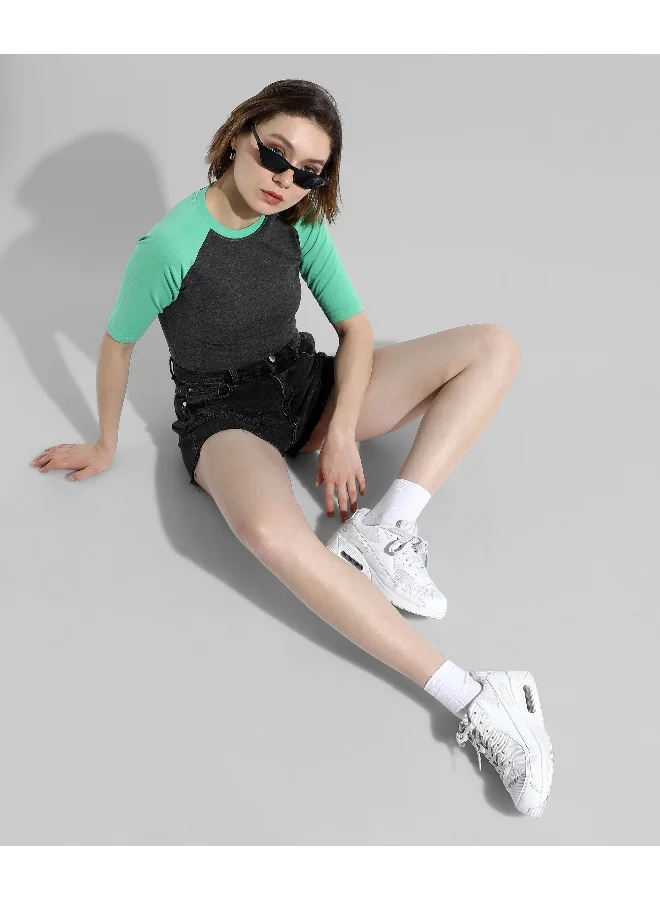 Campus Sutra Women's Mint Green Colourblocked Regular Fit Top