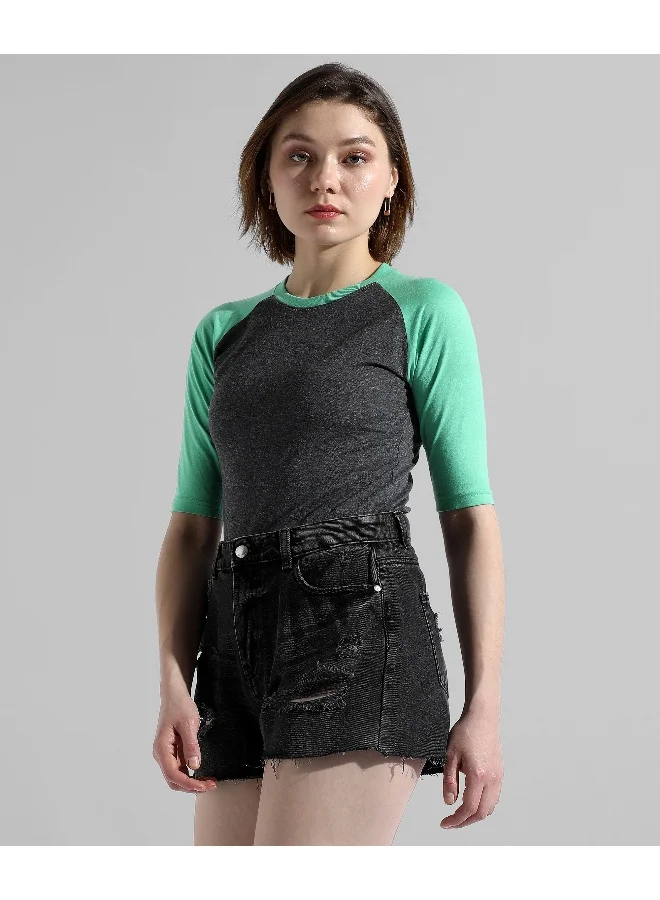 Campus Sutra Women's Mint Green Colourblocked Regular Fit Top