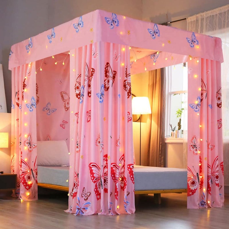 Mengersi Princess Butterfly Canopy Bed Curtains for Girls Pink Bed Drapes Curtains Room Decor Twin Size - Image 1