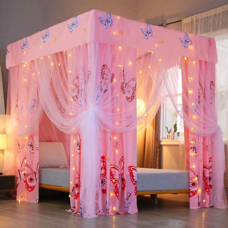 Mengersi Princess Butterfly Canopy Bed Curtains for Girls Pink Bed Drapes Curtains Room Decor Twin Size - Image 2
