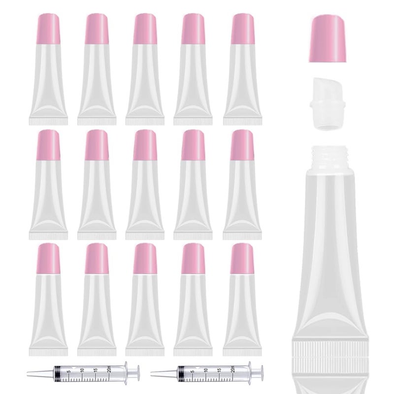AMORIX 50PCS Lip Gloss Tubes Empty 10ml Pink Cap Lip Gloss Containers Lip Balm Tubes Cute Squeeze Tubes Lipgloss Making Supplies + 2 x 20ml Syringes Tag Labels for Lip Gloss Base - Image 1