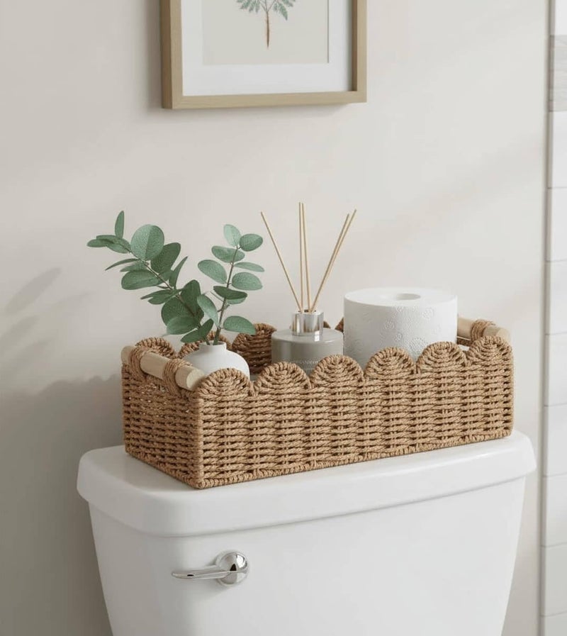 CubesLand Paper Rope Scalloped Edge Toilet Paper Storage Basket, Small Living Room, Bedroom Decor Baskets for Over Toilet Storage Shelf, End Table, Shelves and More, with 2 Wooden Handle, Neutral - Image 2