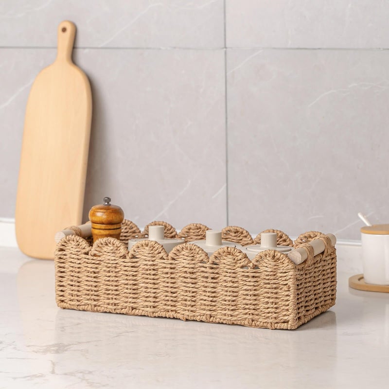 CubesLand Paper Rope Scalloped Edge Toilet Paper Storage Basket, Small Living Room, Bedroom Decor Baskets for Over Toilet Storage Shelf, End Table, Shelves and More, with 2 Wooden Handle, Neutral - Image 5