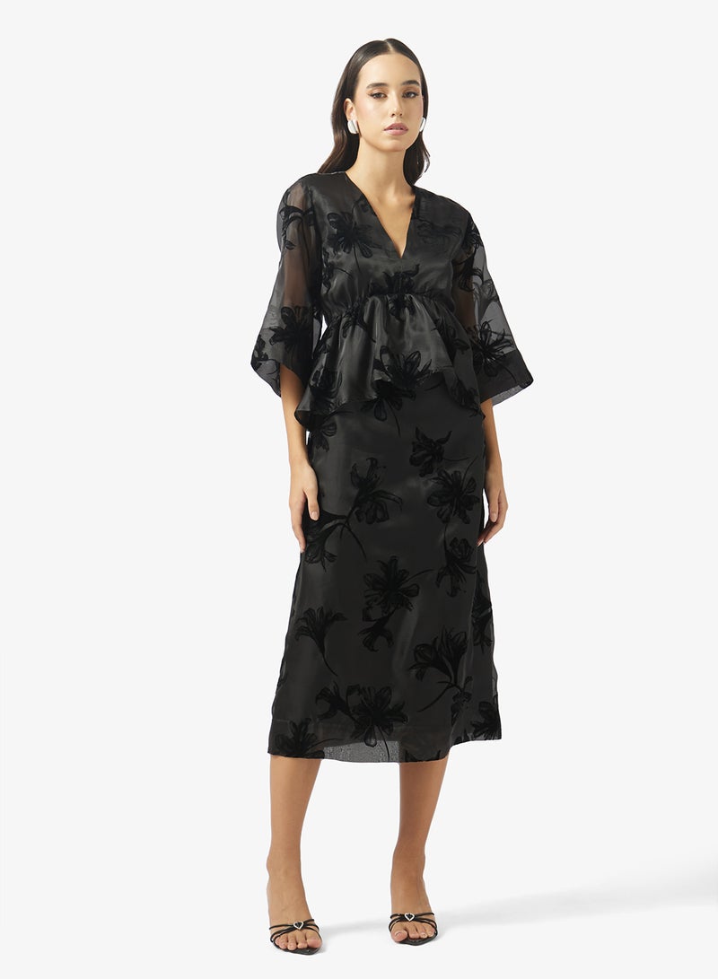 YAS Elastic waist Short Sleeve V Neck Midi Dress - Image 1