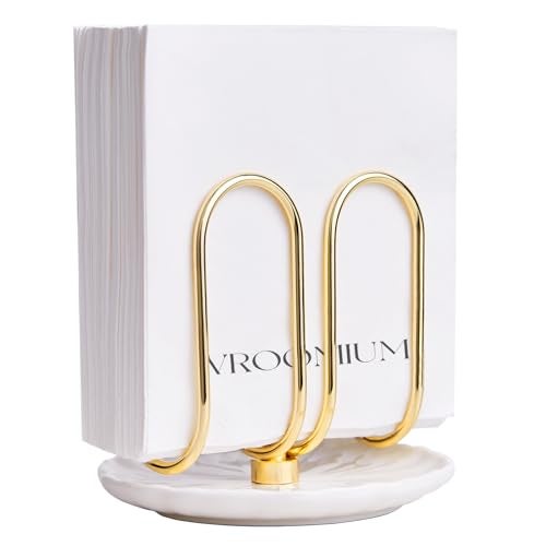 VROOMIUM Napkin Holder for Table, Ceramic Base Effortless Cleaning, 1 lb Weight, Gold Napkin Holders for Paper Napkins, Servilleteros para Mesas - Image 1