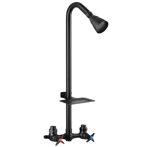 Aolemi Outdoor Shower Kit,Outdoor Shower Fixtures Faucet System with Brass Showerhead,Double Handle Exposed Shower with Brass Mix Valve,6 Inch Center with Soap Dish,Pipe Upward,Matte Black - Image 1
