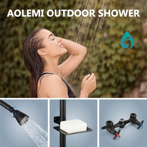 Aolemi Outdoor Shower Kit,Outdoor Shower Fixtures Faucet System with Brass Showerhead,Double Handle Exposed Shower with Brass Mix Valve,6 Inch Center with Soap Dish,Pipe Upward,Matte Black - Image 2