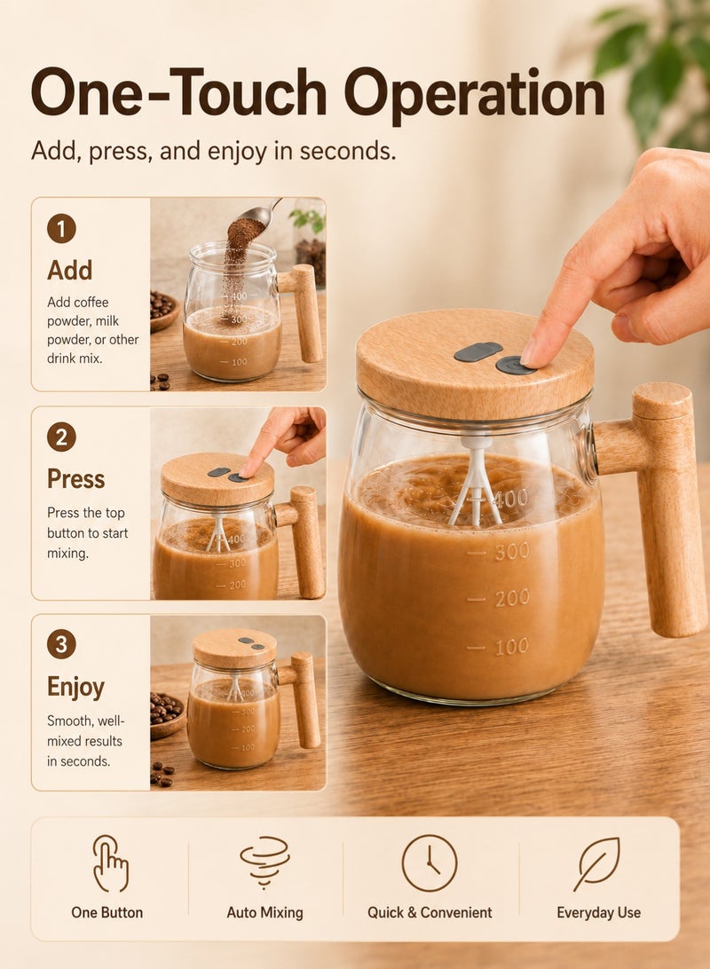 GALADUNE Electric Self Stirring Mug 400ml, USB Rechargeable High Borosilicate Glass Mixing Cup with Fork-Shaped Stirring Rod, Wooden Style Lid & Handle, Automatic Coffee Mixer for Milk Powder, Protein Shakes, Tea, Cocoa - Image 3