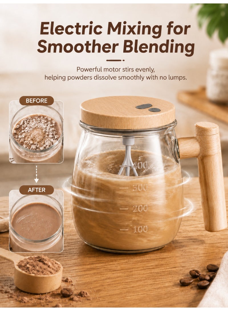 GALADUNE Electric Self Stirring Mug 400ml, USB Rechargeable High Borosilicate Glass Mixing Cup with Fork-Shaped Stirring Rod, Wooden Style Lid & Handle, Automatic Coffee Mixer for Milk Powder, Protein Shakes, Tea, Cocoa - Image 2