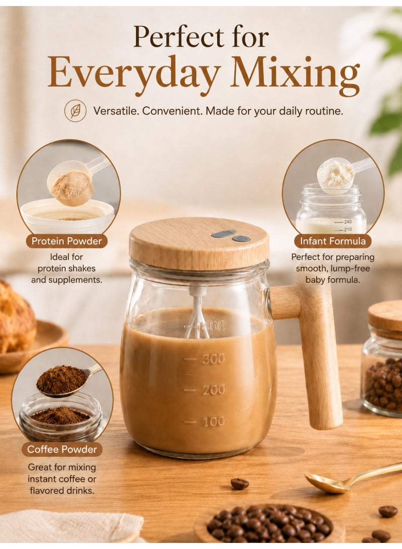 GALADUNE Electric Self Stirring Mug 400ml, USB Rechargeable High Borosilicate Glass Mixing Cup with Fork-Shaped Stirring Rod, Wooden Style Lid & Handle, Automatic Coffee Mixer for Milk Powder, Protein Shakes, Tea, Cocoa - Image 4