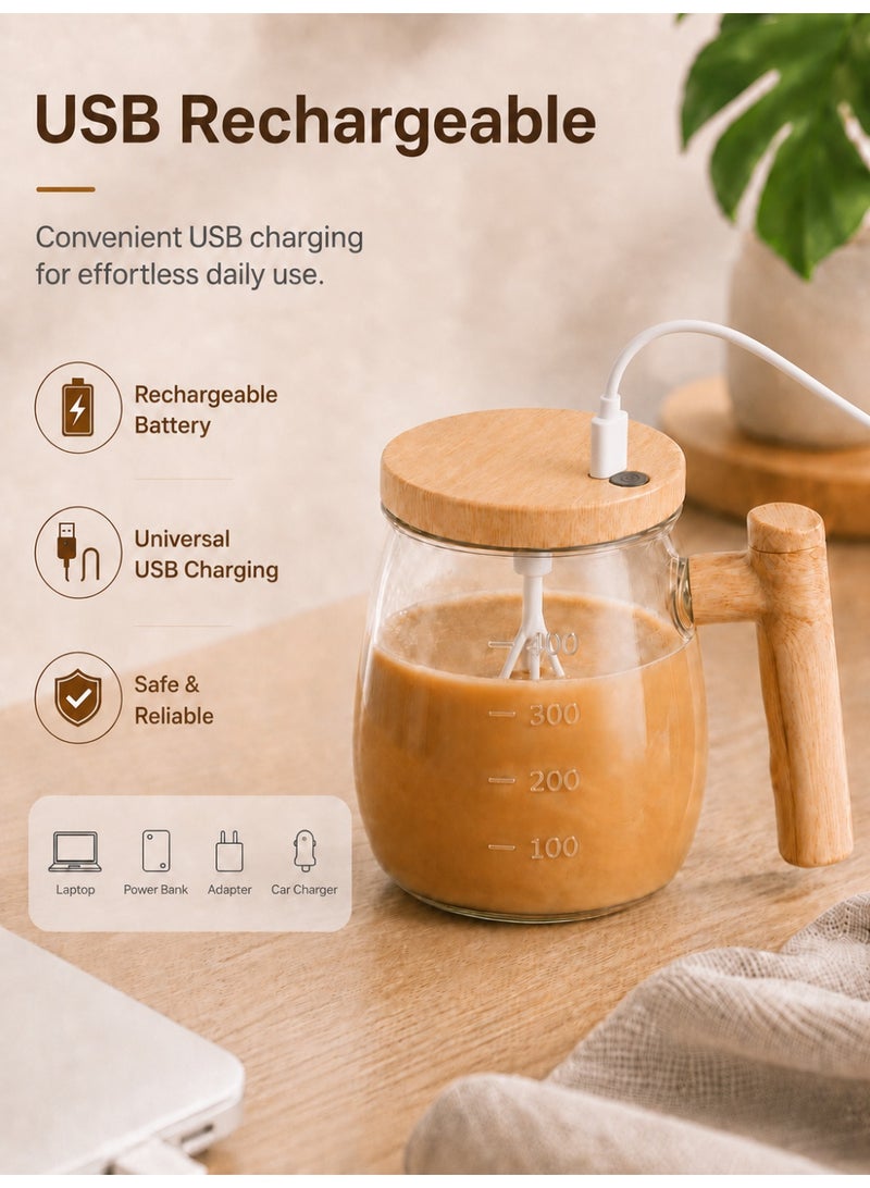 GALADUNE Electric Self Stirring Mug 400ml, USB Rechargeable High Borosilicate Glass Mixing Cup with Fork-Shaped Stirring Rod, Wooden Style Lid & Handle, Automatic Coffee Mixer for Milk Powder, Protein Shakes, Tea, Cocoa - Image 5