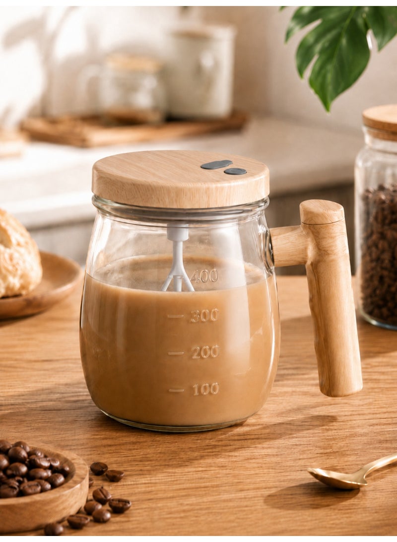 GALADUNE Electric Self Stirring Mug 400ml, USB Rechargeable High Borosilicate Glass Mixing Cup with Fork-Shaped Stirring Rod, Wooden Style Lid & Handle, Automatic Coffee Mixer for Milk Powder, Protein Shakes, Tea, Cocoa - Image 1