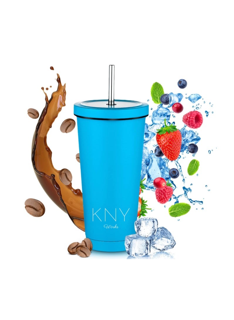 KNY Works كوب قهوة للسفر 700 مل - كوب معزول بتفريغ الهواء من الفولاذ المقاوم للصدأ مع غطاء وماصة قابلة لإعادة الاستخدام، زجاجة مياه حرارية مزدوجة الجدار للمشروبات الساخنة والباردة والشاي المثلج والقهوة (أزرق) - Image 1