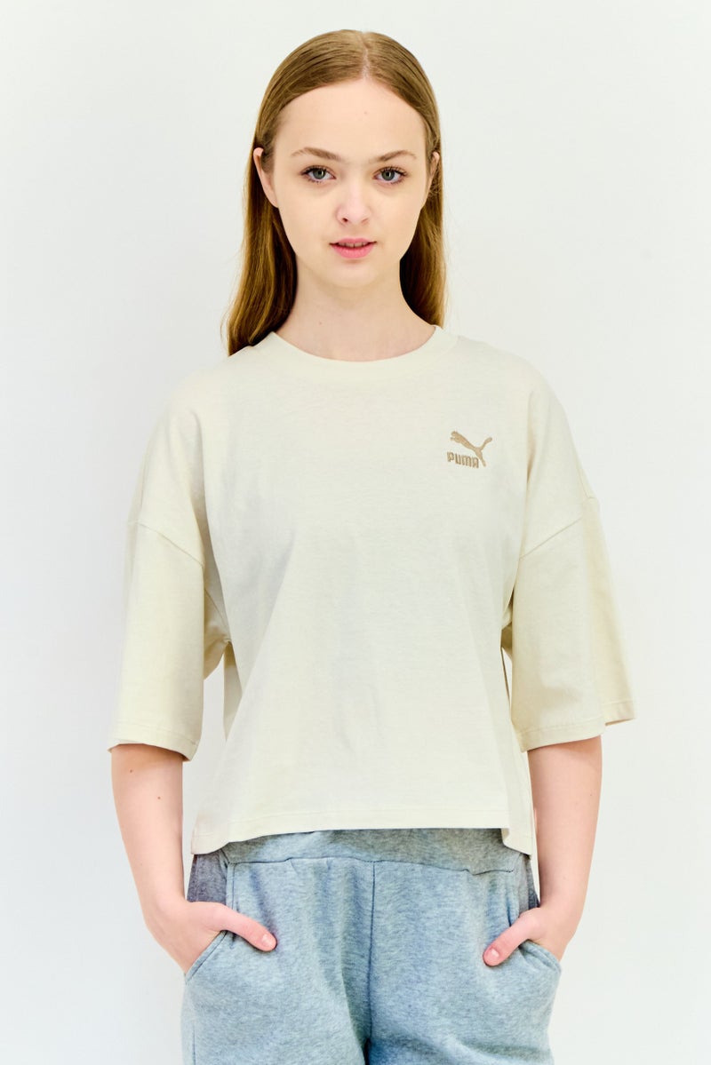 PUMA Women Oversized Fit Embroidered Logo Short Sleeves Outdoor Crop Top, Ivory  - Image 1