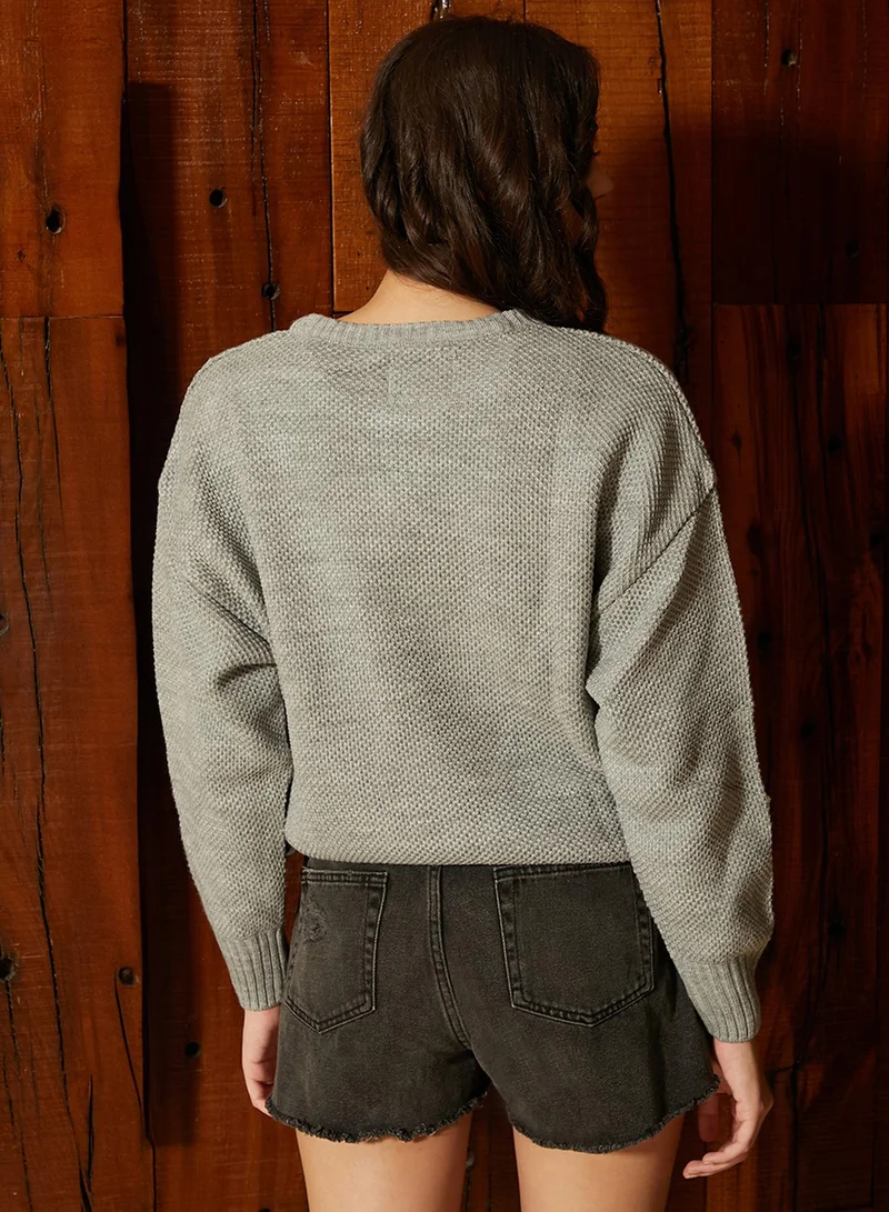 كامبوس سوترا Women's Coin Grey Flora Applique Pullover Sweater