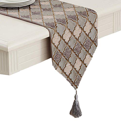 OZXCHIXU TM Modern Fall Jacquard Weave Geometric Table Runners Coffee Color with Tassels for Coffee Tea Party Table Dresser Home Decoration 13 x 73 inches - Image 1