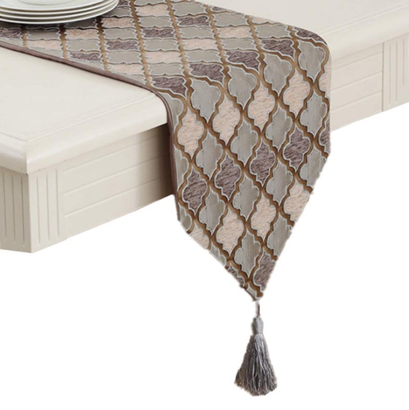 OZXCHIXU TM Modern Fall Jacquard Weave Geometric Table Runners Coffee Color with Tassels for Coffee Tea Party Table Dresser Home Decoration 13 x 73 inches - Image 2