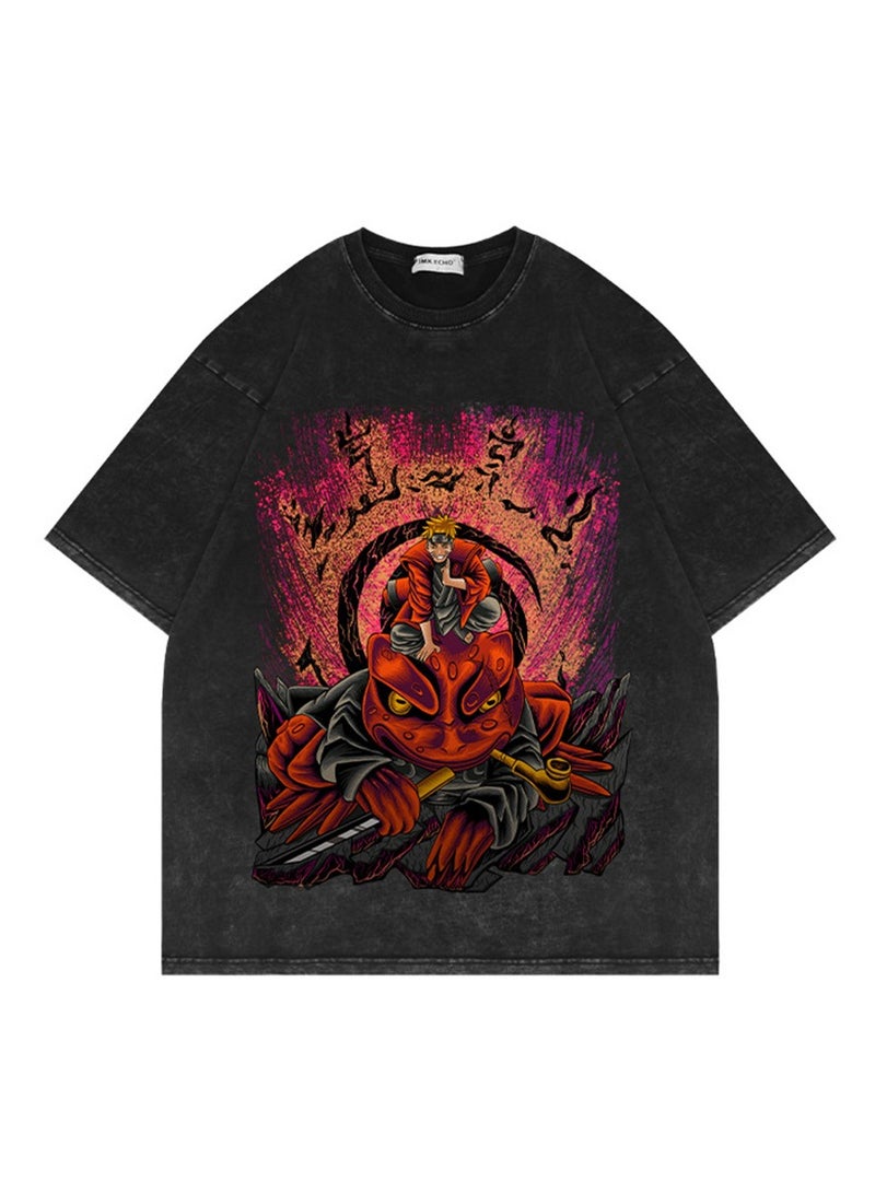 Washed retro T-shirt street hip hop anime Naruto casual cotton summer short sleeves - Image 1