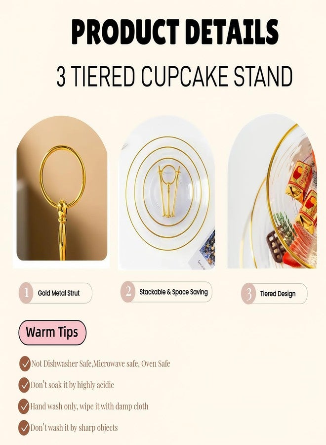 RAUVOLFIA 3 Tier Cupcake Stand, Small Tiered Serving Cake Stand, Transparent Plastic Dessert Stand, Weddings Parties Pastry Serving Tray (2 Pack, Clear Plate with Gold Rim) - Image 4