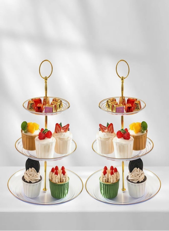 RAUVOLFIA 3 Tier Cupcake Stand, Small Tiered Serving Cake Stand, Transparent Plastic Dessert Stand, Weddings Parties Pastry Serving Tray (2 Pack, Clear Plate with Gold Rim) - Image 2