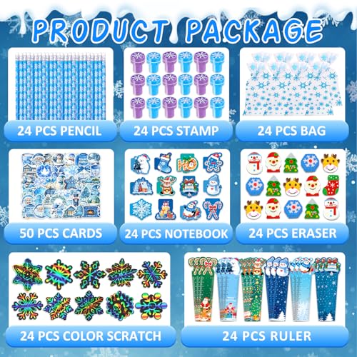 PARTY TONIGHT 218Pcs Winter Party Favors Holiday Stationery Gift Set 24 Pack Winter Christmas Classroom Gifts Goodie Bag Fillers Stuffers Classroom Exchange Frozen Christmas Party Favors - Image 5