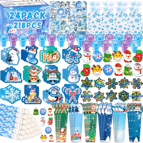 PARTY TONIGHT 218Pcs Winter Party Favors Holiday Stationery Gift Set 24 Pack Winter Christmas Classroom Gifts Goodie Bag Fillers Stuffers Classroom Exchange Frozen Christmas Party Favors - Image 1