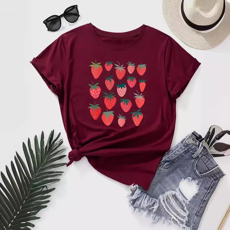 Foreign Trade Independent Station Women's Top Round Neck Strawberry Printed Short-sleeved T-shirt - Image 4