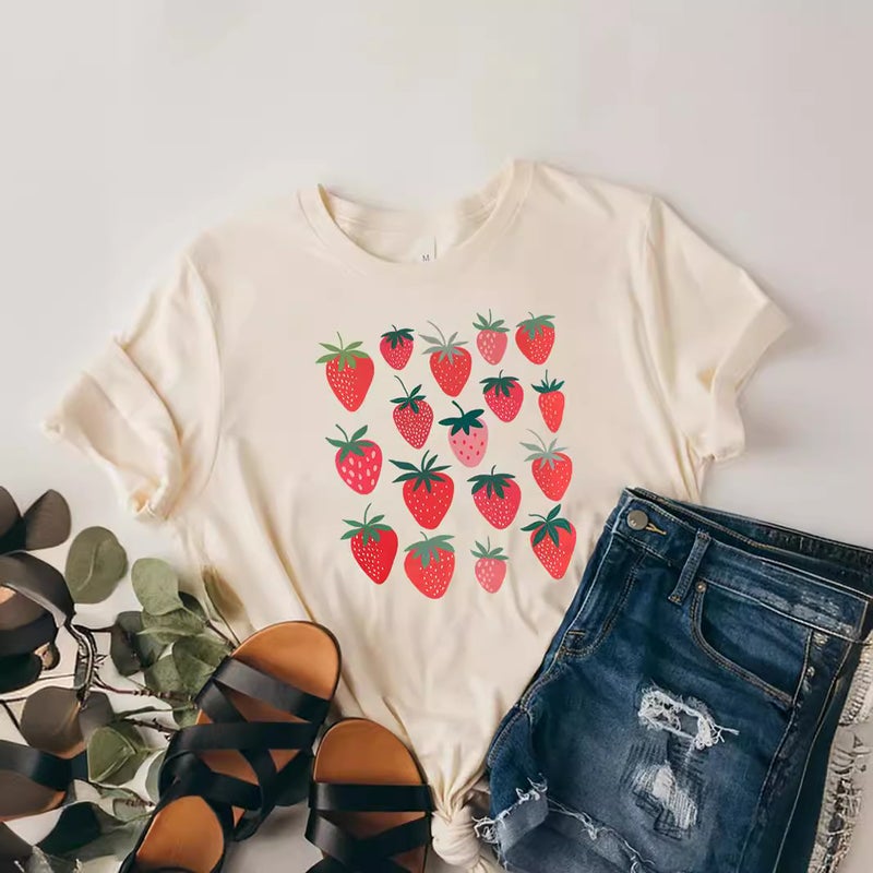 Foreign Trade Independent Station Women's Top Round Neck Strawberry Printed Short-sleeved T-shirt - Image 5