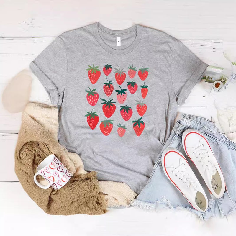 Foreign Trade Independent Station Women's Top Round Neck Strawberry Printed Short-sleeved T-shirt - Image 3