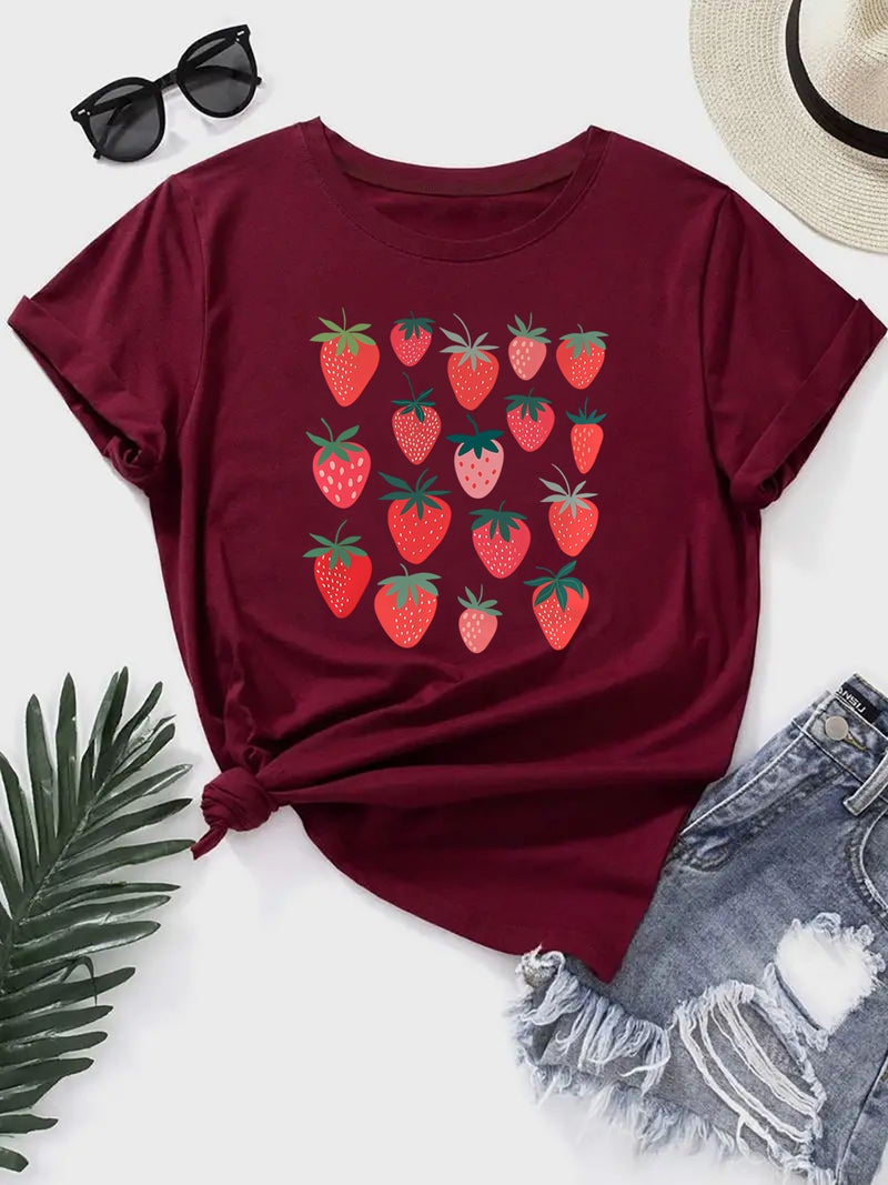 Foreign Trade Independent Station Women's Top Round Neck Strawberry Printed Short-sleeved T-shirt - Image 1