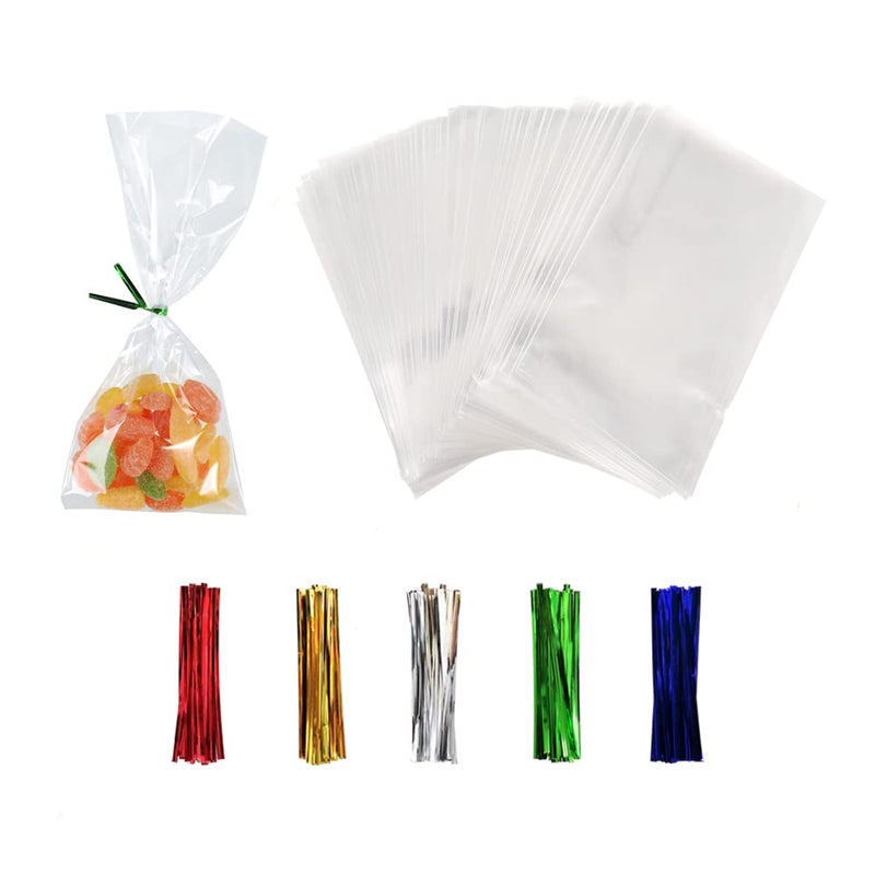 XLSFPY 100PCS Clear Cellophane Treat Bags with 100PCS Twist Ties 3x4 OPP Rice Crispy Bags for Gift Goodie Favor Candy Cake Pop Birthday Party Cookies Christmas New Year Wedding Party 3 x 4