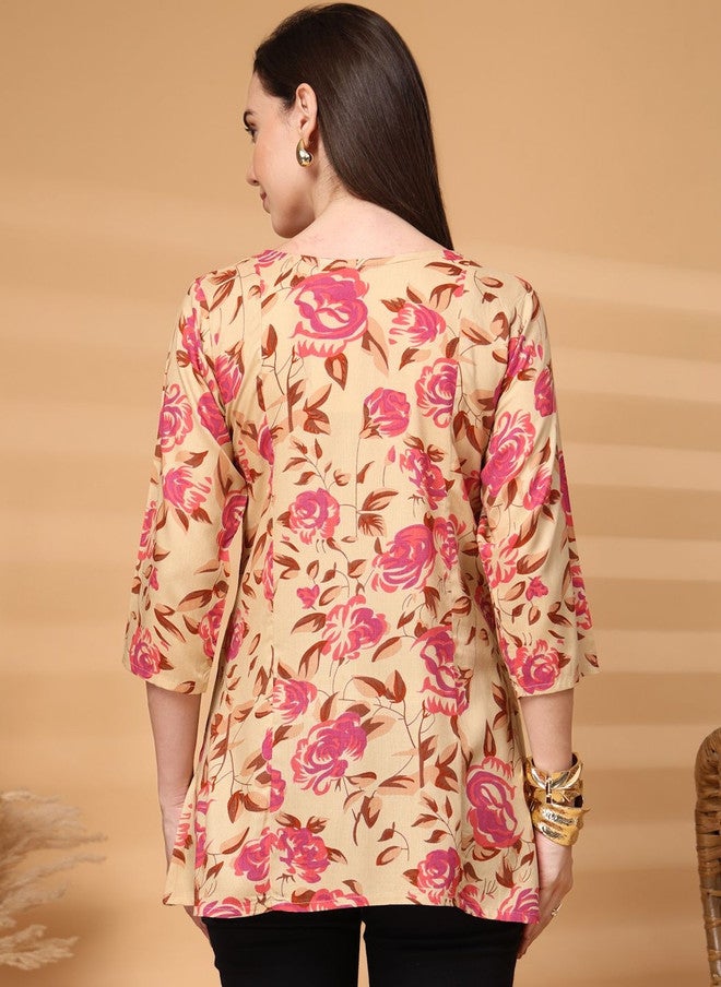 LARGISH Floral Printed V-Neck Kurti in Beige with Three-Quarter Sleeves - Image 2