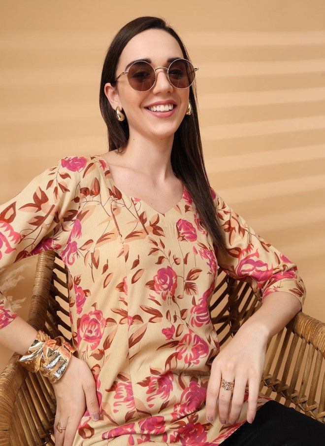 LARGISH Floral Printed V-Neck Kurti in Beige with Three-Quarter Sleeves - Image 5