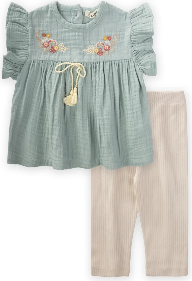 Cigit Organic Embroidered Muslin Tunic Set Mint Green