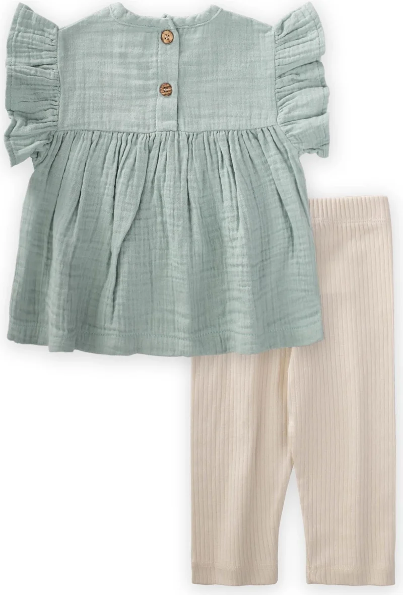 Cigit Organic Embroidered Muslin Tunic Set Mint Green