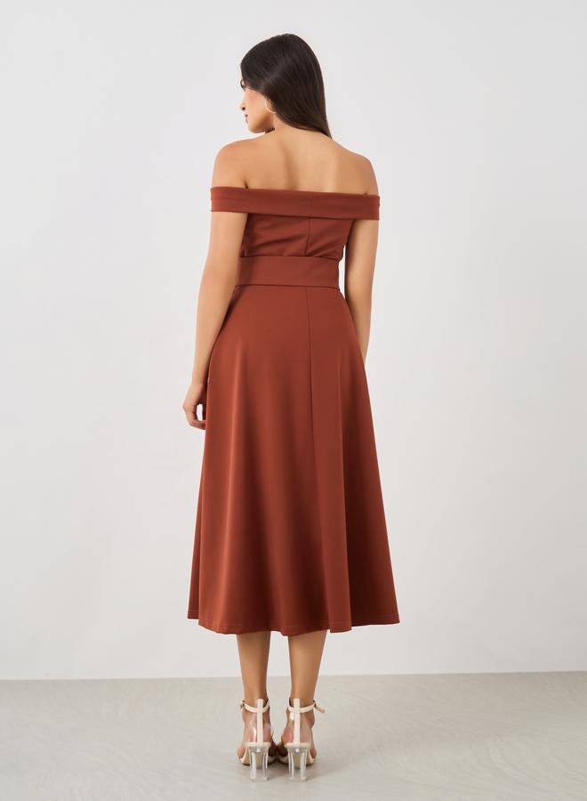 Styli Styli Plain Off Shoulder A-Line Midi Dress with Fabric Belt  - Image 5