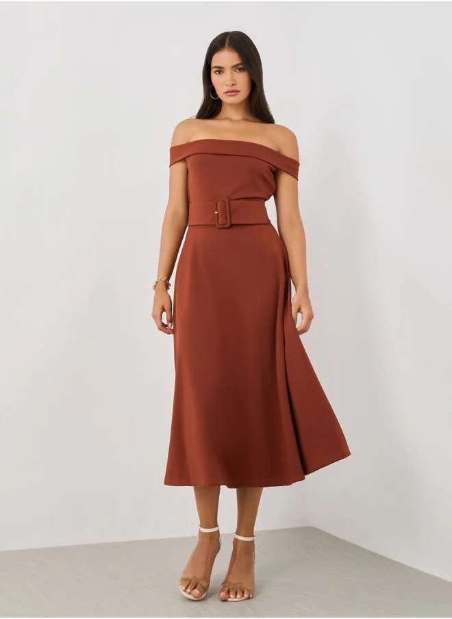 Styli Styli Plain Off Shoulder A-Line Midi Dress with Fabric Belt