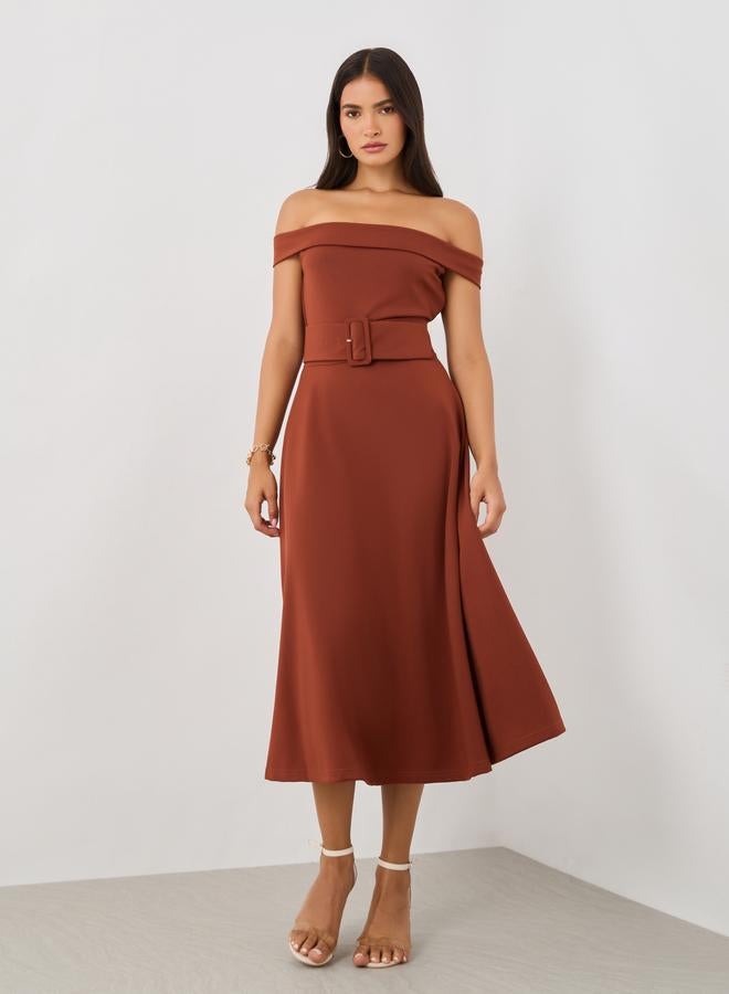 Styli Styli Plain Off Shoulder A-Line Midi Dress with Fabric Belt  - Image 2