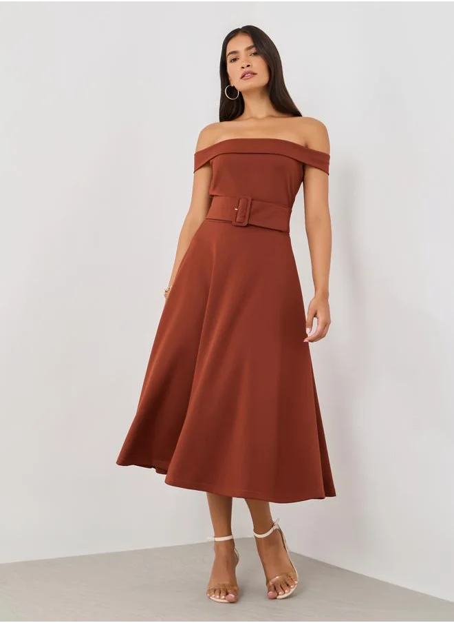 Styli Styli Plain Off Shoulder A-Line Midi Dress with Fabric Belt