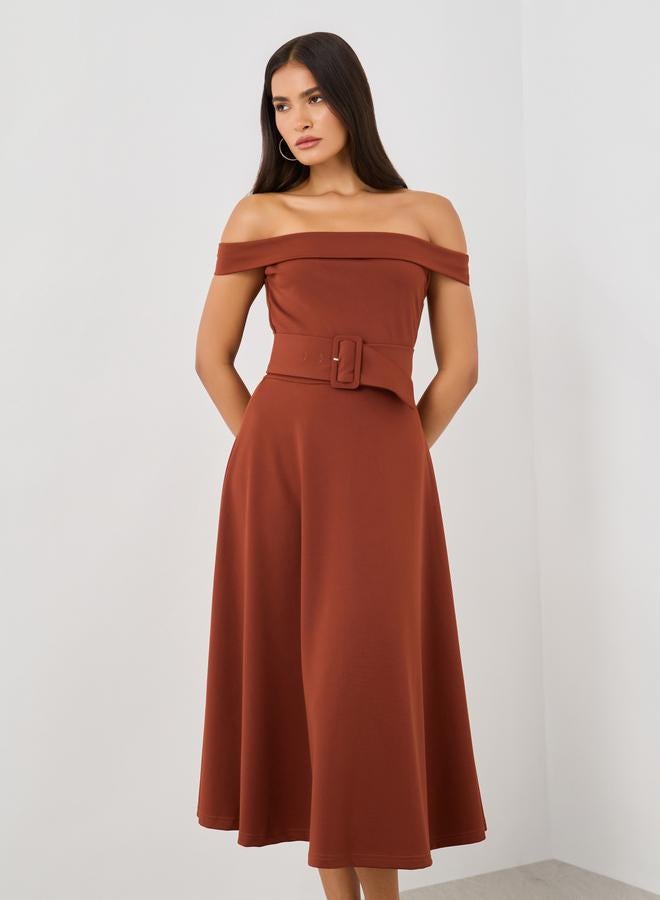 Styli Styli Plain Off Shoulder A-Line Midi Dress with Fabric Belt  - Image 3