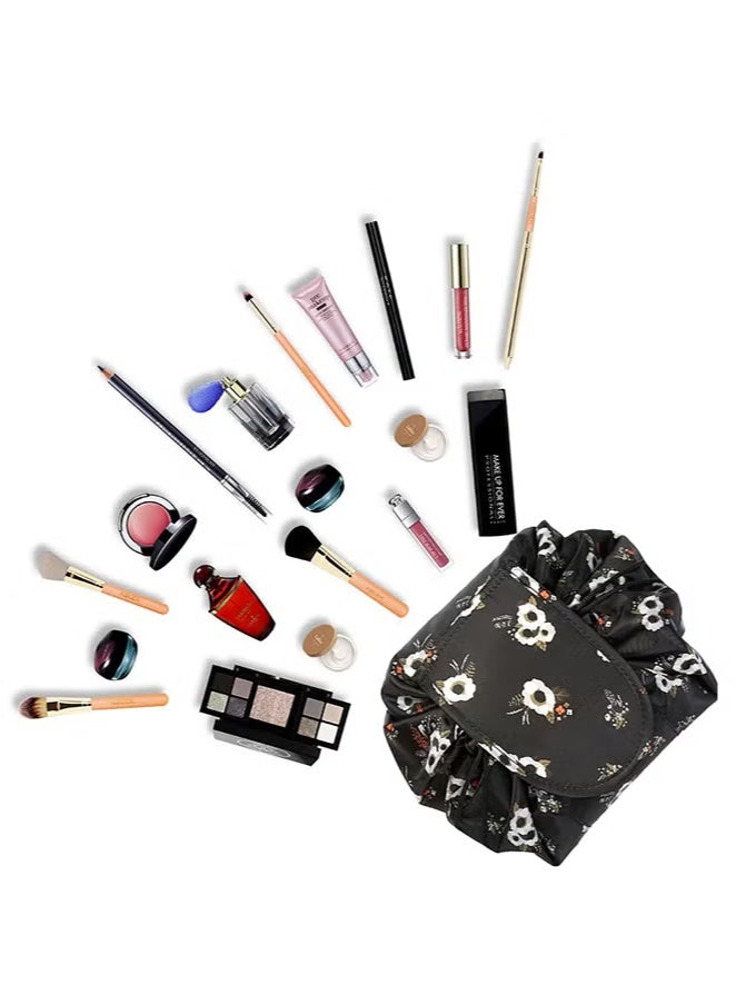 Make up Bag Drawstring Travel Cosmetic Bag Round Magic Toiletry Beauty Kit Pouch Flowering Black