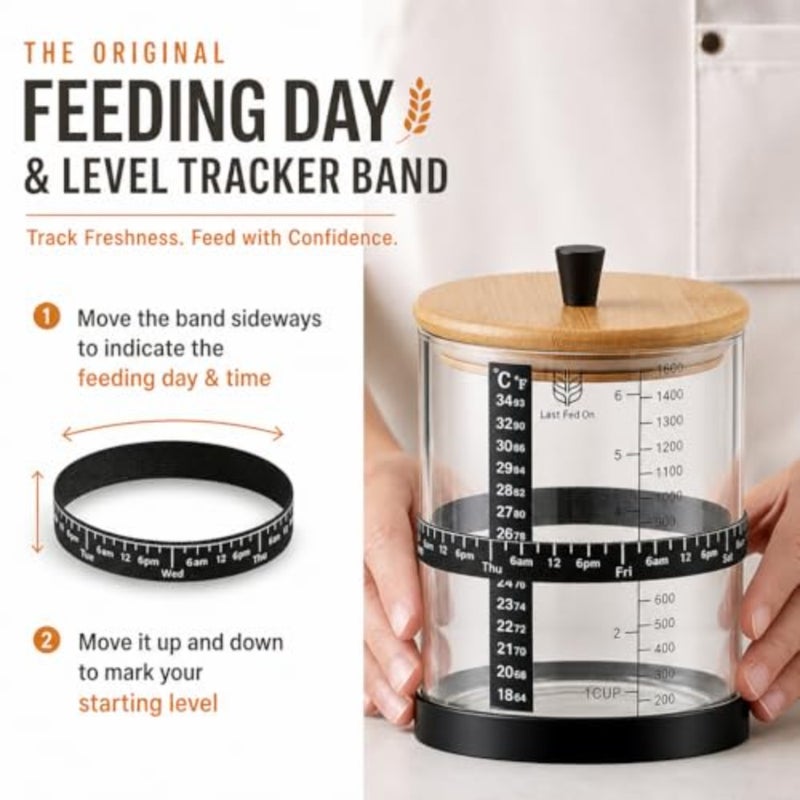 Sourdough Starter Jar, 50oz Wide-Mouth with Non-slip silicone rubber Bottom Sourdough Starter Kit, Date Marked Feeding Band, Thermometer, Cloth Cover Bamboo Lid - Image 5